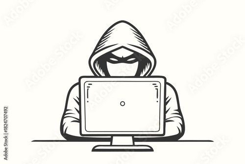 Hooded character with mask uses a computer screen in a black and white theme