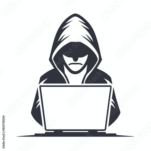 A hooded figure is shown using a laptop in a stylized black silhouette