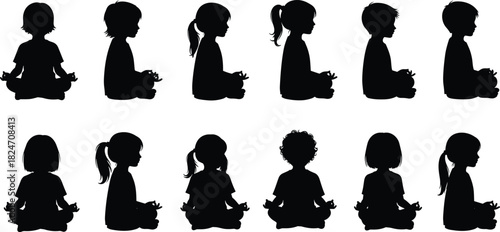 Silhouette children meditating in yoga poses, peaceful kids practicing mindfulness, calm seated positions, relaxation, wellness, meditation, mental health, quiet activity
