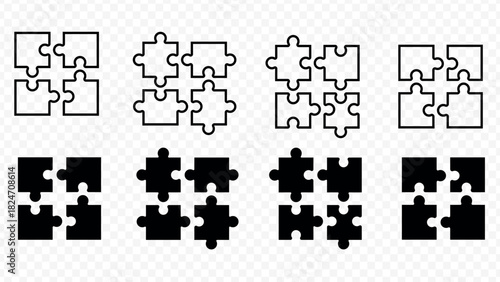 Four Puzzle Pieces Icons In Outline And Solid Black Styles With Transparent Background jigsaw