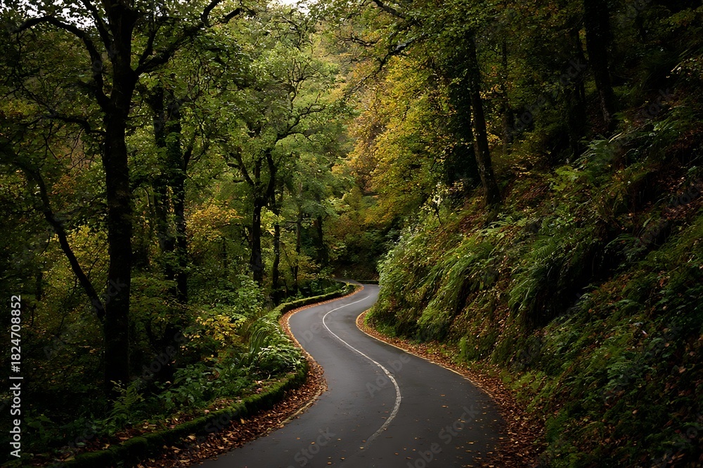 Fototapeta premium Winding forest road through lush green trees and autumn leaves