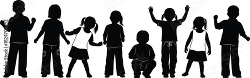 Group of playful children silhouettes in various poses, active kids standing and moving, black vector illustration set for design and creativity