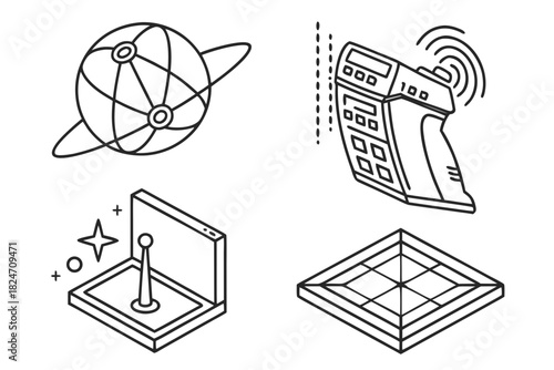 Isometric icons of a globe device and grid vector illustration