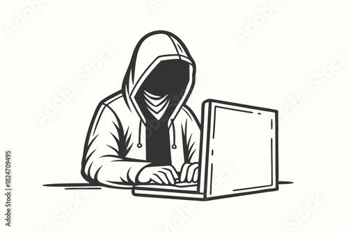Faceless person in hood types on laptop; the figure remains mysterious and concealed