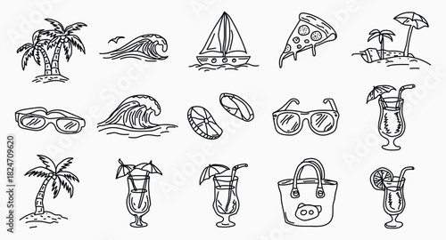 Summer vacation doodles sketch set isolated on transparent background