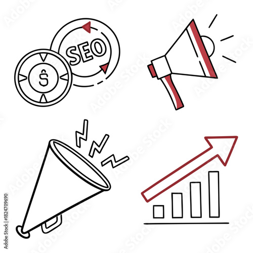 SEO marketing icons with megaphone and growth chart search engine optimization bullhorn