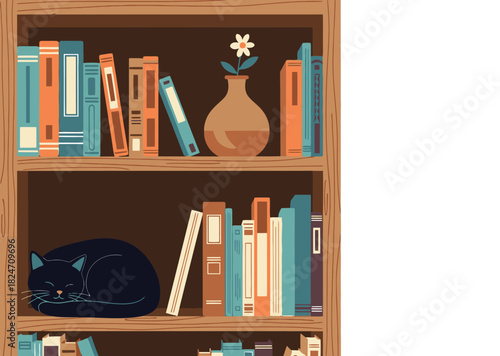 Find cute cat sleeping on bookshelf illustration vector art for book lovers and pet owners design ideas