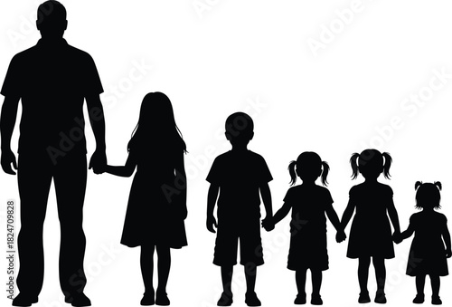 Silhouette of father and children standing together, family unity concept, diverse kids in line, parenting support, bonding, childhood growth, togetherness scene