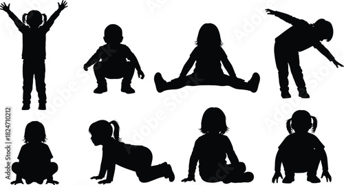 Silhouettes of playful children in various poses, kids activities, childhood movement, active toddlers, vector illustration set for educational and creative designs