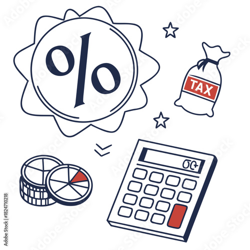Tax calculation and financial growth icons with calculator and coins taxation finance