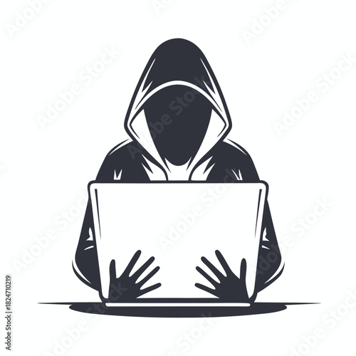 Faceless person in a hoodie is typing on a laptop against a white backdrop