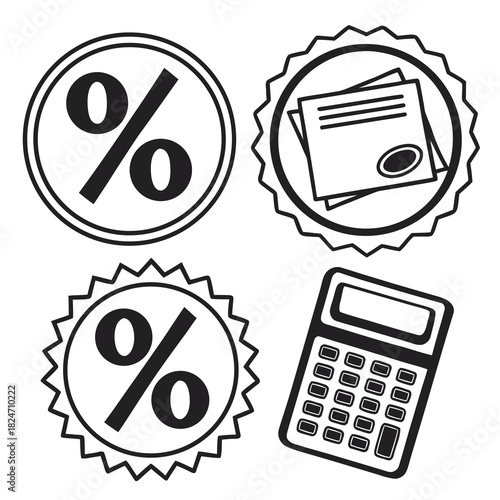 Percentage and document icons with calculator in black and white symbol discount