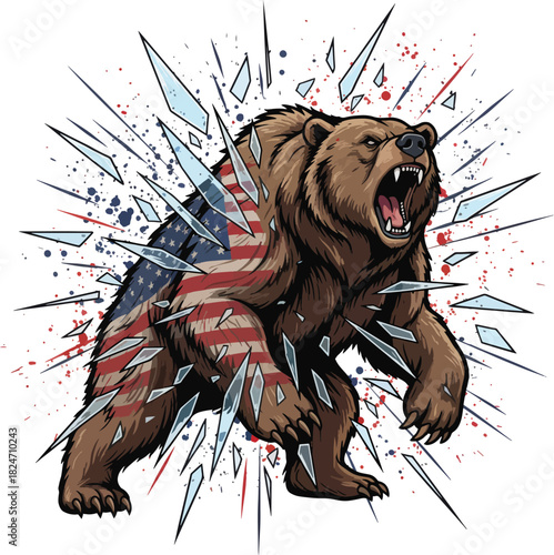 Angry grizzly bear illustration with American flag design bursting through shattered glass artwork