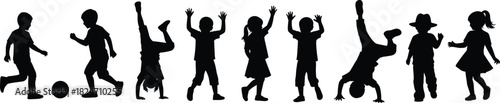 Silhouettes of active children playing, dancing, and doing handstands, kids movement poses, energetic child activities, vector illustration for creative designs
