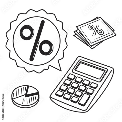 Financial calculation and percentage icons with calculator and pie chart finance money