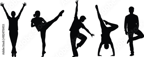 Silhouettes of people dancing and performing acrobatic poses, expressive movement, dynamic body positions for fitness, performance, creativity, balance, and artistic themes