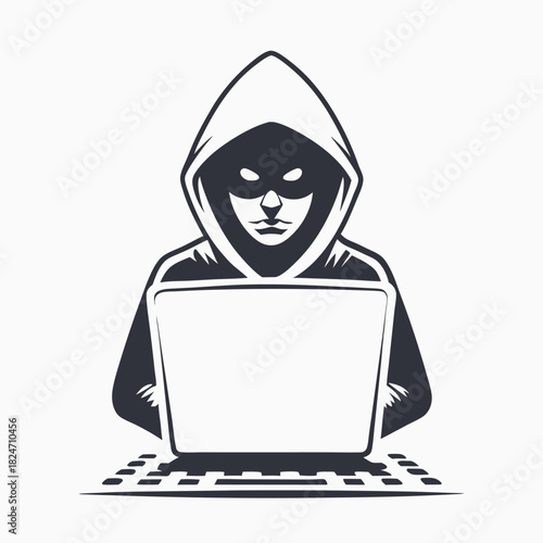Hooded monochrome figure operates laptop; a stylized hacker focuses on his digital task intensely