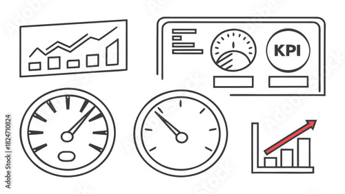 Business performance metrics and analytics dashboard icons Keywords: KPI, key performance indicator