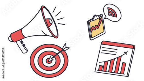 Marketing and Business Icons with Megaphone Target Chart and RS Feed bullhorn dart