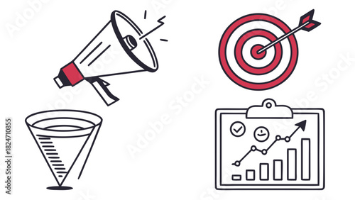 Marketing and Business Growth Icons with Megaphone Target and Chart bullhorn dart