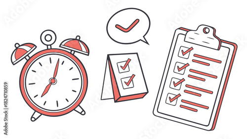 Time Management and Productivity Icons with Alarm Clock and Checklists ticking