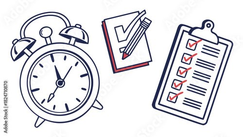 Time Management and Task Completion Icons with Alarm Clock and Pencil ticking checklist