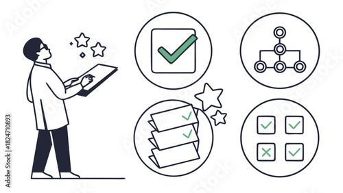 Person reviewing checklist and workflow diagrams with checkmarks and stars organization
