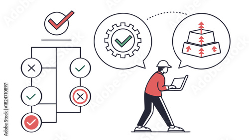 Engineer with laptop analyzing workflow diagram with checks and crosses and 3D model