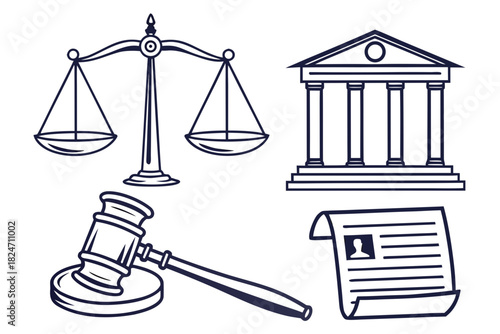 Justice Scales Gavel Courthouse Document with Portrait Line Art Keywords: justice, law, legal, court