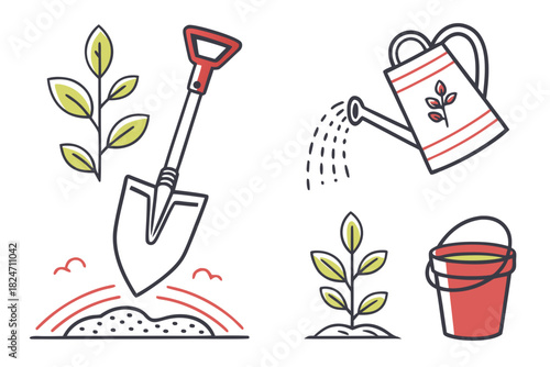 Gardening tools and plants with watering can and bucket illustration Keywords: gardening, planting