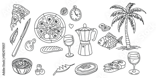 Summer vacation food and drink sketch isolated on transparent background