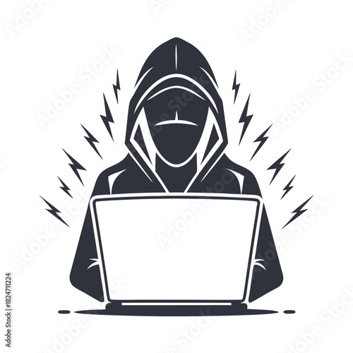 Hacker in a hoodie actively uses a laptop surrounded by lightning bolt accents