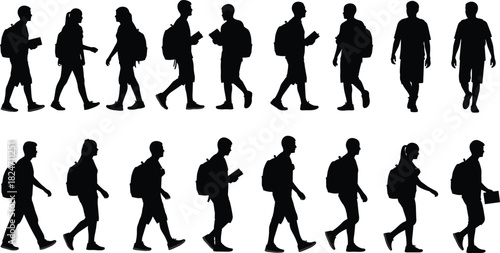 Silhouettes of students walking with backpacks, young people commuting, education and school concept, academic lifestyle illustration for learning, study, and campus themes
