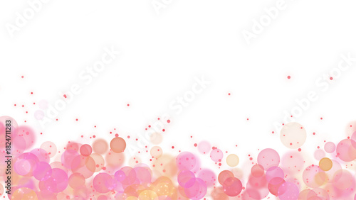 Pink bubbles and red and pink confetti on transparent background. Floating along the bottom edge. Space for text. For greeting cards, party invitations, baby shower decorations, wedding stationery.
