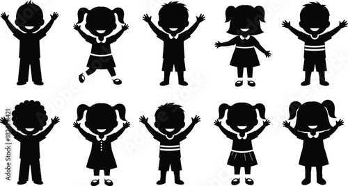 Happy children silhouettes with raised arms, cheerful kids celebrating, playful cartoon figures, joyful childhood illustration for education, fun, family, and design themes