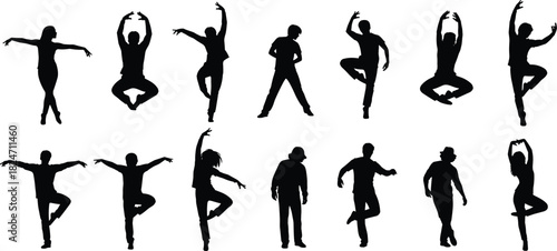 Silhouettes of dancers in various poses, expressive dance movements, performing arts collection featuring graceful, artistic, dramatic body positions for creative design themes