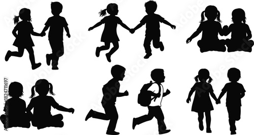 Silhouettes of children running, walking, and sitting, playful kids in various poses, childhood activity collection for education, family, and lifestyle themes