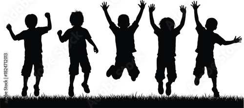 Silhouettes of children jumping, joyful kids celebrating outdoors, playful youth in motion, energetic childhood activity scene for fun, happiness, and lifestyle themes