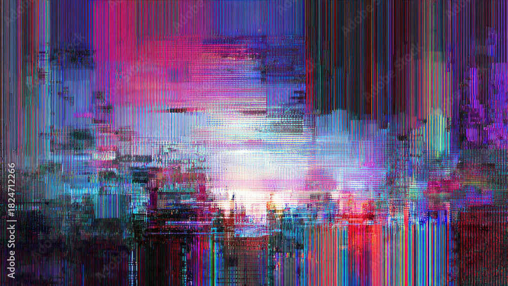Obraz premium A vibrant, abstract digital art piece showcasing a glitched urban landscape with neon pink, blue, and purple hues, reflecting a cyberpunk aesthetic.