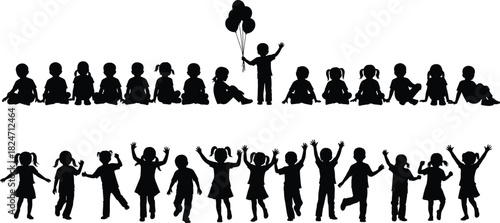 Children silhouettes sitting and standing, joyful kids raising hands and holding balloons, playful childhood collection, energetic group activities for creative projects