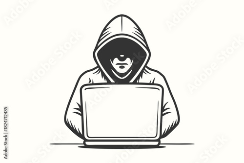 Hooded figure actively works on computer with intense focus, embodying digital security