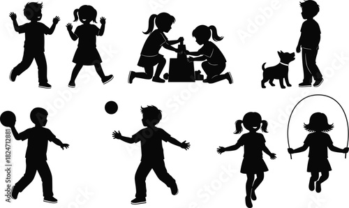Children silhouettes playing in various activities, running, jumping rope, throwing balls, interacting with pets, fun energetic childhood scene for creative projects