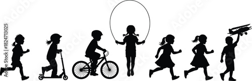Children silhouettes playing outdoors, active kids running, biking, jumping rope, enjoying fun activities, energetic childhood scene for creative project designs