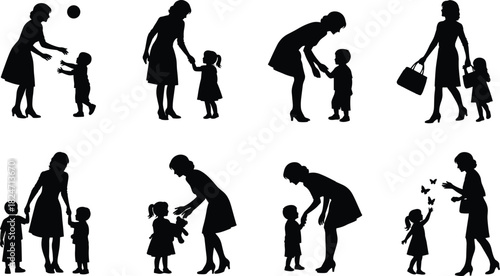 Mother and children silhouettes interacting in various activities, parenting moments illustration, caring family scenes, nurturing relationships for creative educational projects