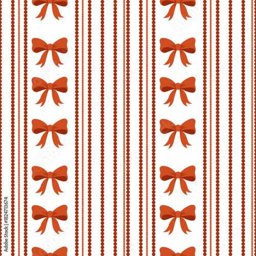 Christmas pattern with red bows and vertical bead garlands arranged in repeating columns on a white background, seamless festive design for wrapping, textiles and holiday decor.