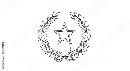 Elegant laurel wreath with star inside minimalist style continuous line drawing