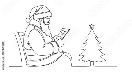 Continuous line drawing of Santa Claus checking his list next to christmas tree