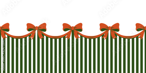 Christmas border with seamless red ribbon bows and green vertical stripes, suitable for holiday cards, packaging, posters, invitations, borders, dividers and festive seasonal decoration.