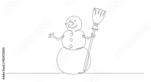 Elegant one-line illustration of a snowman holding a broom, conveying festive winter charm with a
