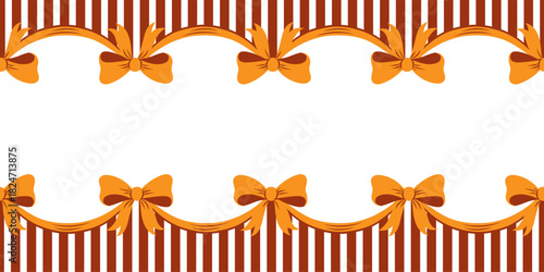 Christmas border with seamless orange ribbon bows and striped festive arches, suitable for holiday cards, packaging, posters, invitations and seasonal decoration.